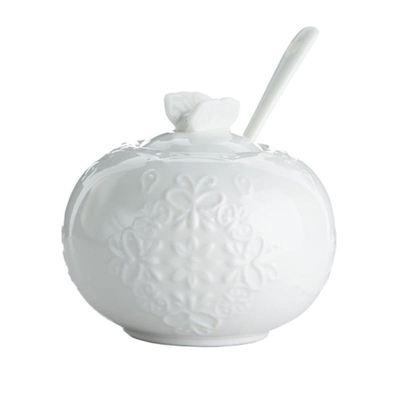 Sizikato White Porcelain Sugar Bowl with Butterfly Lid and Spoon 8oz Flower Embossed