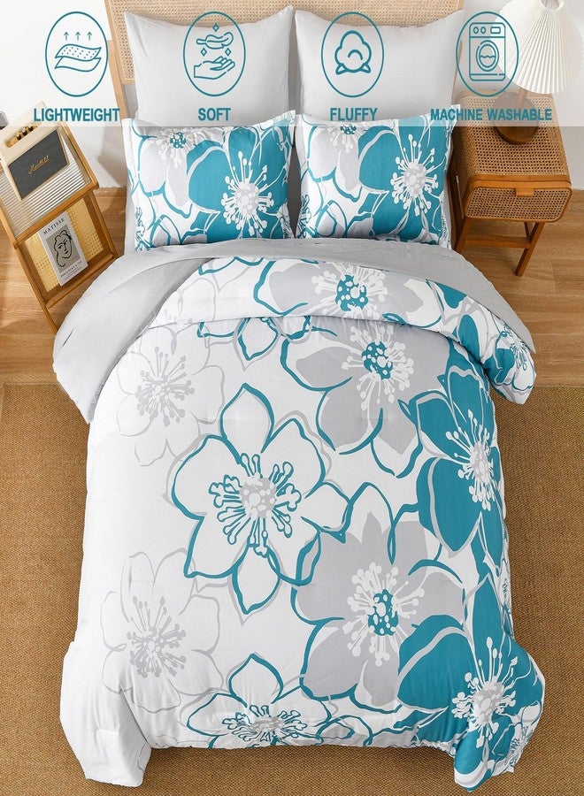 Anibedding طقم لحاف مزهر باللون الأزرق المخضر، مقاس كينج، 7 قطع، طقم سرير كامل مزين بالزهور باللون الأزرق المخضر، طقم سرير أنيق مزين بالزهور النباتية، مصنوع من ألياف دقيقة ناعمة، مناسب لجميع الفصول، (أزرق مخضر، 104 بوصة × 90 بوصة) - Image 3