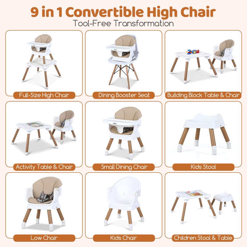 INFANS Baby High Chair, 9 in 1 Convertible Highchair for Babies and Toddlers, Building Block Table Dining Booster Seat Activity Desk Kids Stool with Adjustable Removable Tray (Beige) - Image 3
