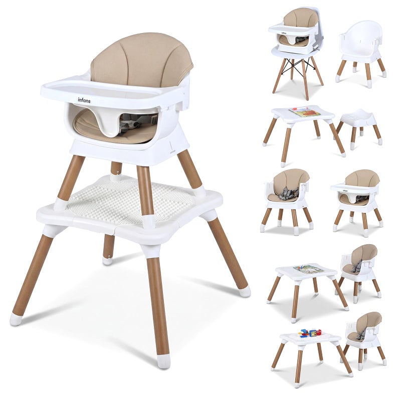 INFANS Baby High Chair, 9 in 1 Convertible Highchair for Babies and Toddlers, Building Block Table Dining Booster Seat Activity Desk Kids Stool with Adjustable Removable Tray (Beige) - Image 1