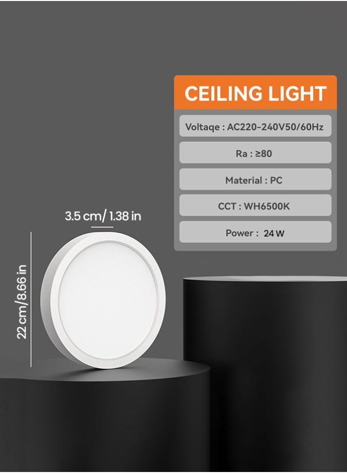 مودي لوحة سقف LED دائرية فائقة السطوع، ٢٤ واط | ٣١٠٠ لومن | ٢٨٣٥ SMD | إضاءة بيضاء ٦٥٠٠ كلفن | تركيب سطحي رفيع للاستخدام الداخلي | مادة البولي كربونات | ٢٢ سم - Image 3