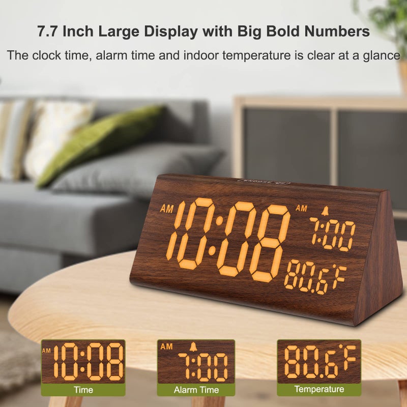 DreamSky Wooden Digital Alarm Clock for Bedroom - 7.7" Electric Clocks with USB Port, Large Numbers, Temperature, 0-100% Brightness Dimmer, Adjustable Alarm Volume, Snooze, 12/24H - Image 2