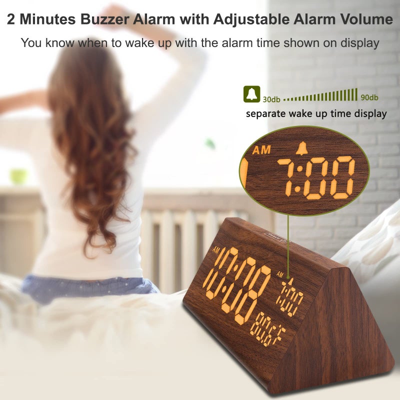 DreamSky Wooden Digital Alarm Clock for Bedroom - 7.7" Electric Clocks with USB Port, Large Numbers, Temperature, 0-100% Brightness Dimmer, Adjustable Alarm Volume, Snooze, 12/24H - Image 4