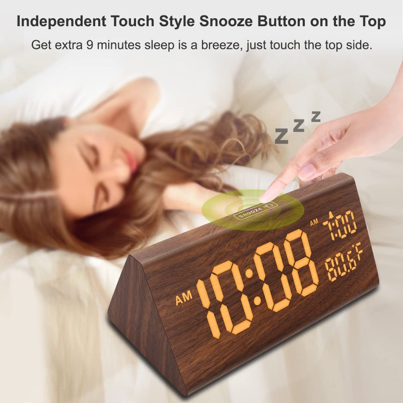 DreamSky Wooden Digital Alarm Clock for Bedroom - 7.7" Electric Clocks with USB Port, Large Numbers, Temperature, 0-100% Brightness Dimmer, Adjustable Alarm Volume, Snooze, 12/24H - Image 3