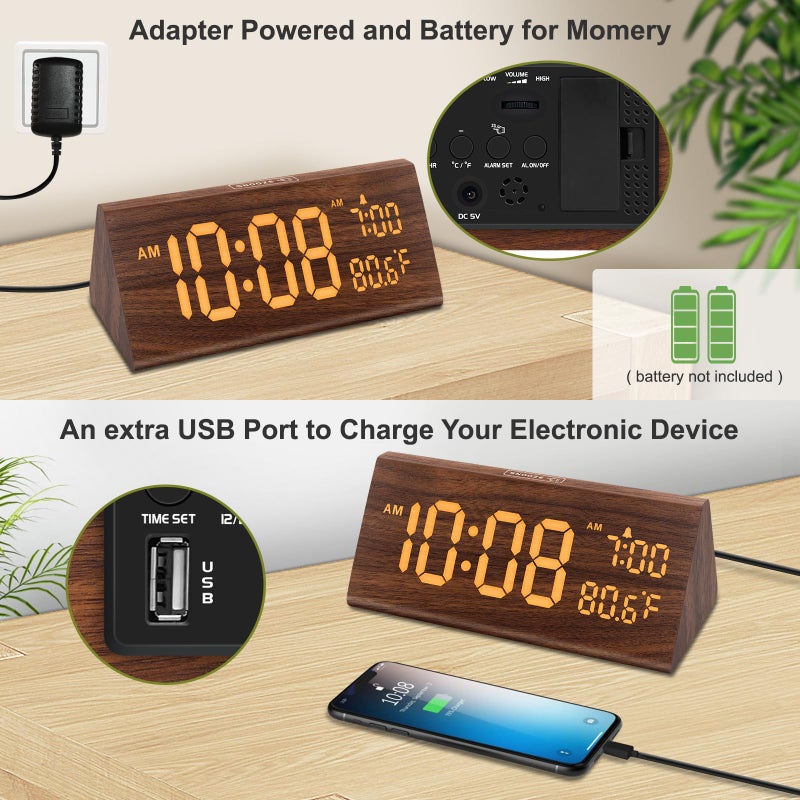 DreamSky Wooden Digital Alarm Clock for Bedroom - 7.7" Electric Clocks with USB Port, Large Numbers, Temperature, 0-100% Brightness Dimmer, Adjustable Alarm Volume, Snooze, 12/24H - Image 5