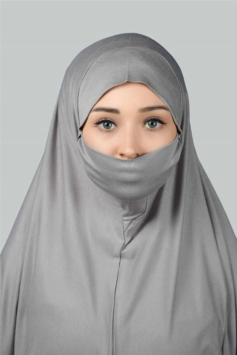 Altobeh Ready-made Turban Practical Scarf with Veil Hijab with Nikap - Prayer Cover Soufflé (3Xl) - Gray