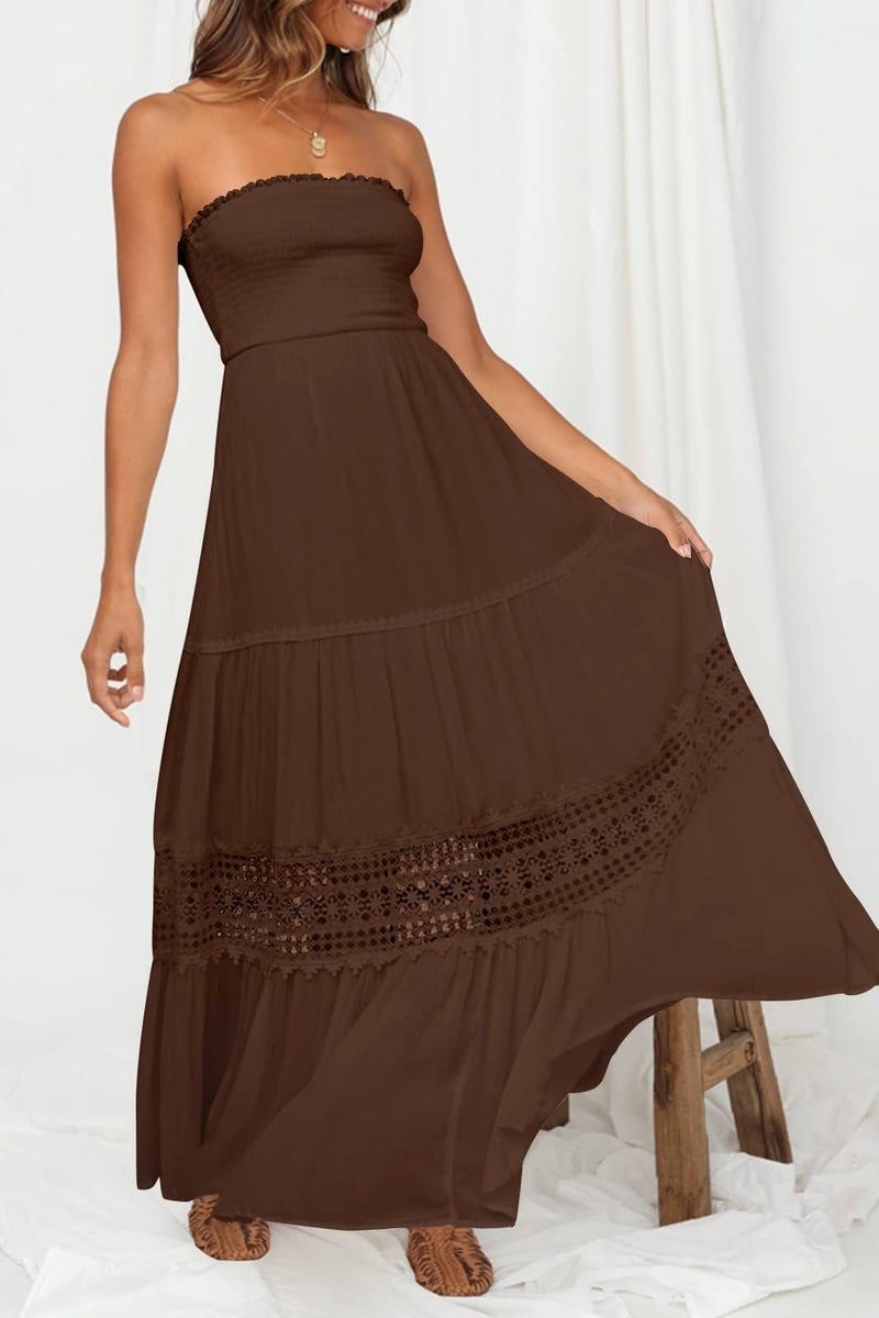 ZESICA ZESICA Women's 2025 Summer Bohemian Strapless Off Shoulder Lace Trim Backless Flowy A Line Beach Long Maxi Dress,Coffee,Large  - Image 2