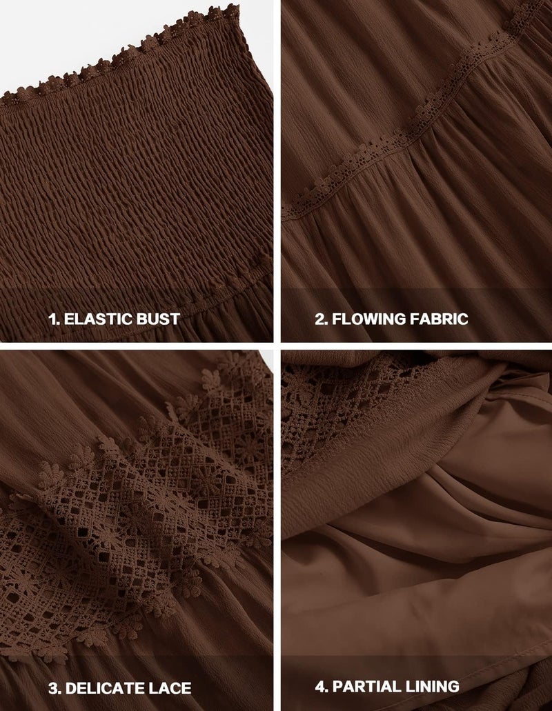 ZESICA ZESICA Women's 2025 Summer Bohemian Strapless Off Shoulder Lace Trim Backless Flowy A Line Beach Long Maxi Dress,Coffee,Large  - Image 5