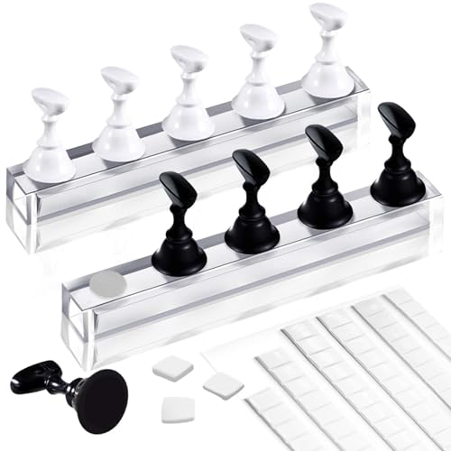 كالولاري 2 مجموعات حامل فن الأظافر الأكريليكي مع 96 قطعة من العجينة اللاصقة البيضاء القابلة لإعادة الاستخدام وحوامل نصائح فن الأظافر المغناطيسية للتدريب وعرض DIY