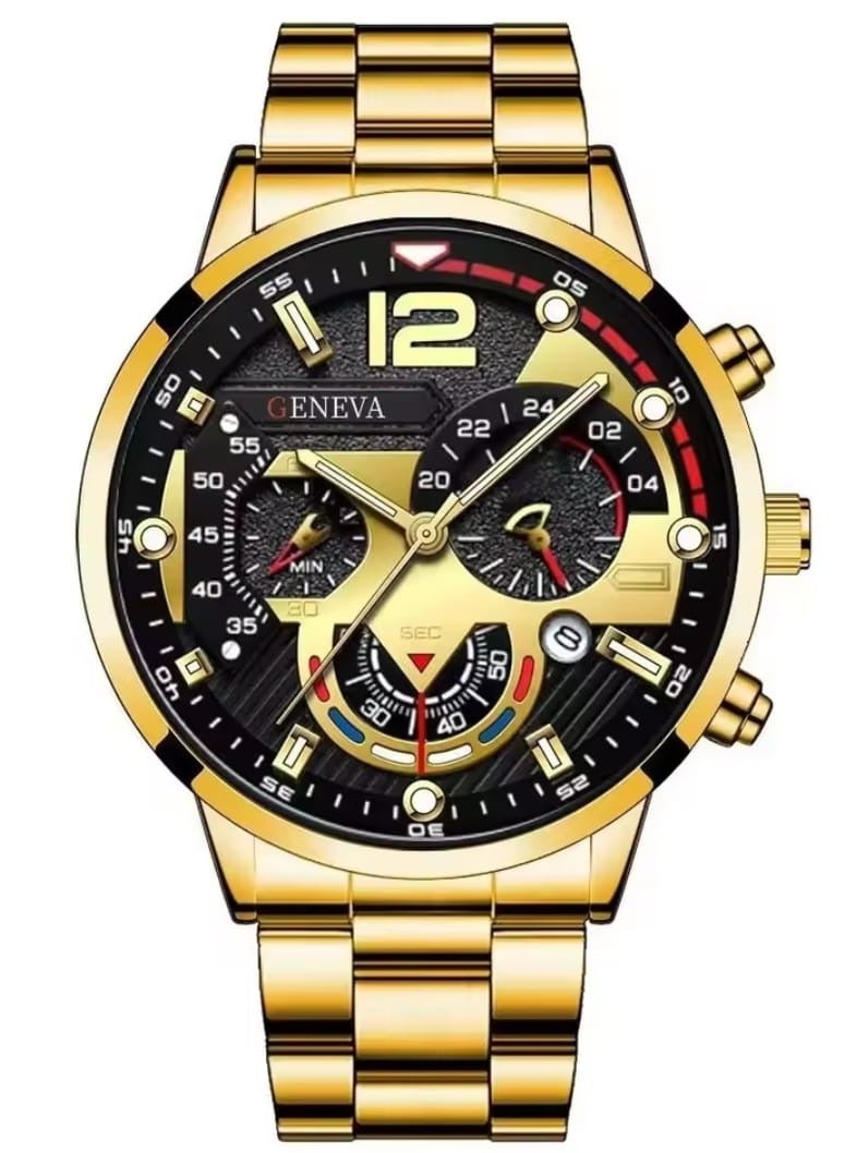 جنيفا ساعة كاجوال للرجال بسوار من سبائك الزنك الذهبي ومينا دائري وتاريخ، مناسبة للحياة اليومية - Image 1