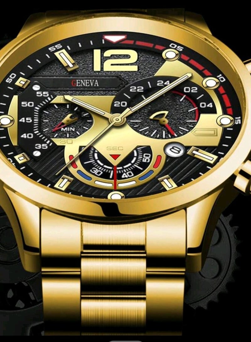 جنيفا ساعة كاجوال للرجال بسوار من سبائك الزنك الذهبي ومينا دائري وتاريخ، مناسبة للحياة اليومية - Image 3