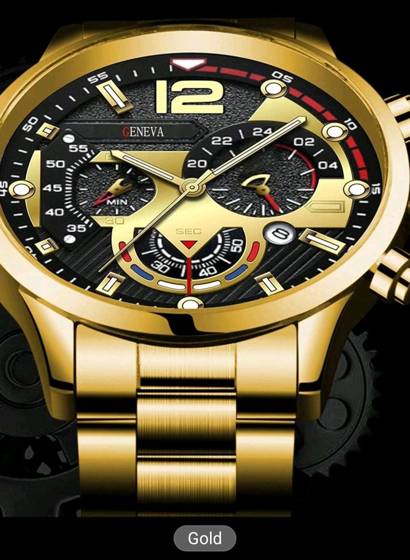 جنيفا ساعة كاجوال للرجال بسوار من سبائك الزنك الذهبي ومينا دائري وتاريخ، مناسبة للحياة اليومية - Image 5