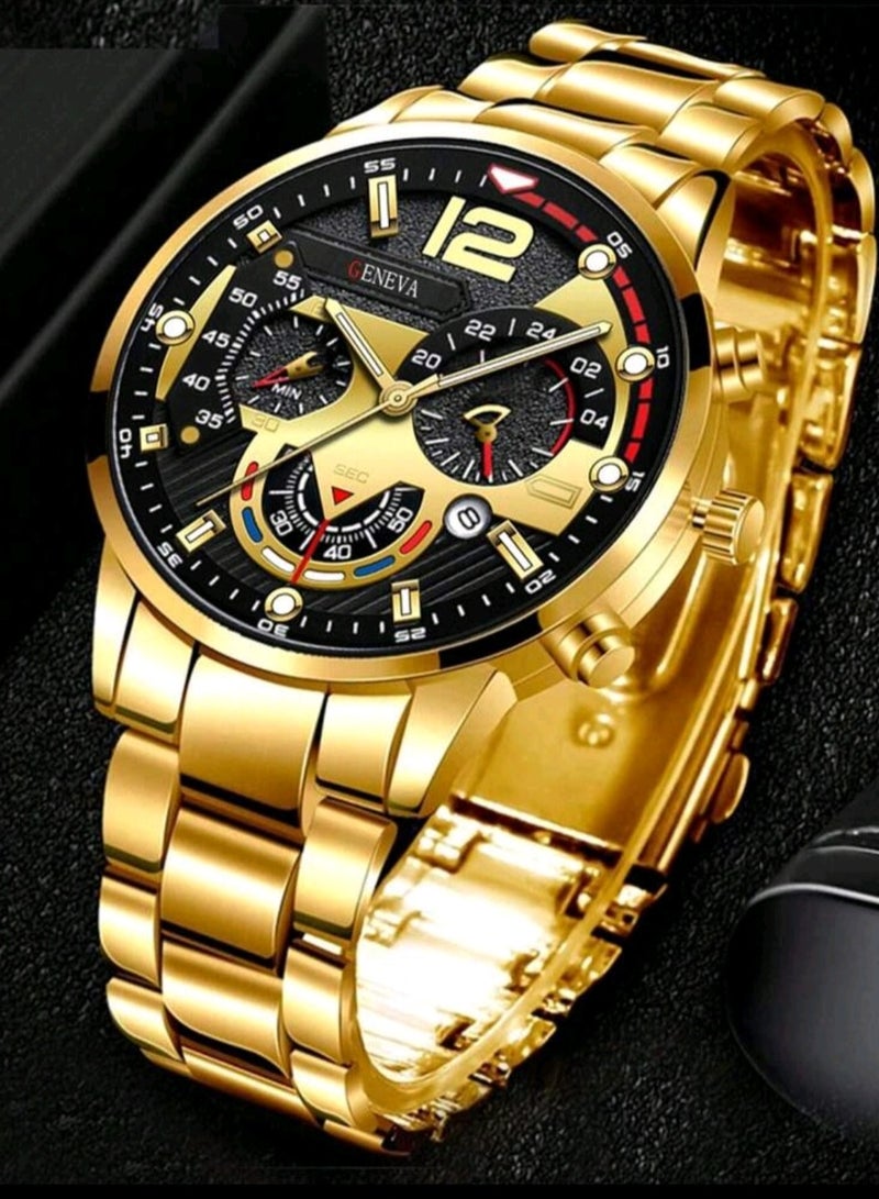 جنيفا ساعة كاجوال للرجال بسوار من سبائك الزنك الذهبي ومينا دائري وتاريخ، مناسبة للحياة اليومية - Image 2