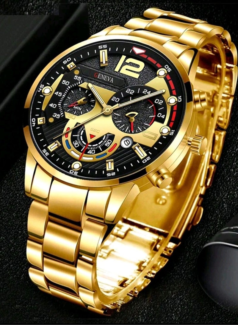 جنيفا ساعة كاجوال للرجال بسوار من سبائك الزنك الذهبي ومينا دائري وتاريخ، مناسبة للحياة اليومية - Image 4