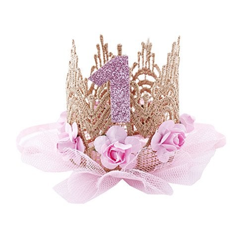 June Bloomy Golden Lace Rose Flower Crown Birthday Headband Princess Tiara Pink - Image 1