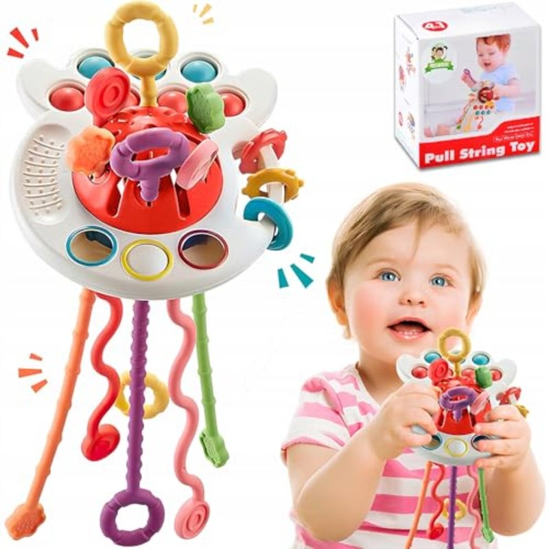 Montessori Pull String Toy for Babies 18+ Months Silicone Sensory Toy, 4 in 1 Multi-Function Baby Rattle, Fine Motor Skill Development Toys for Toddlers - Image 1