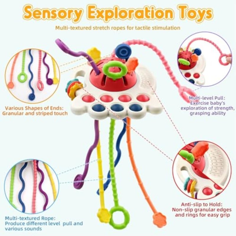 Montessori Pull String Toy for Babies 18+ Months Silicone Sensory Toy, 4 in 1 Multi-Function Baby Rattle, Fine Motor Skill Development Toys for Toddlers - Image 2