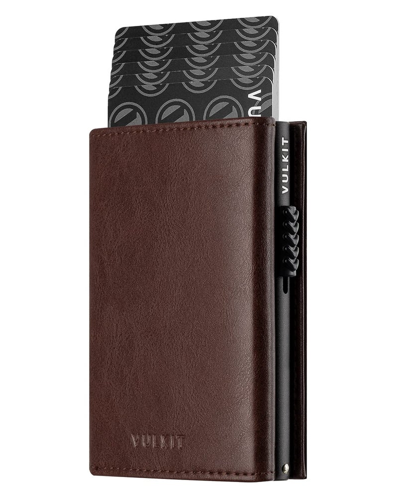 VULKIT Card Holder Wallet with Coin Pocket Magnetic Closure Pop Up Cards With ID Window Leather Wallet for Cash & Credit Cards, Espresso - Image 1
