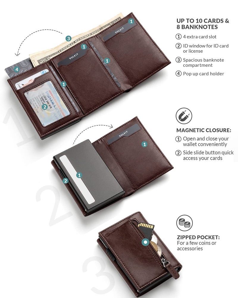 VULKIT Card Holder Wallet with Coin Pocket Magnetic Closure Pop Up Cards With ID Window Leather Wallet for Cash & Credit Cards, Espresso - Image 2