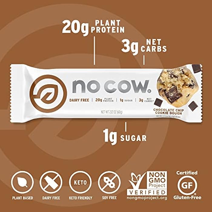 No Cow Protein Bars, Chocolate Chip Cookie Dough, 21g Plant Based Vegan Protein, Keto Friendly, Low Sugar, Low Carb, Low Calorie, Gluten Free, Naturally Sweetened, Dairy Free, Non GMO, Kosher, 1 Count - Image 5