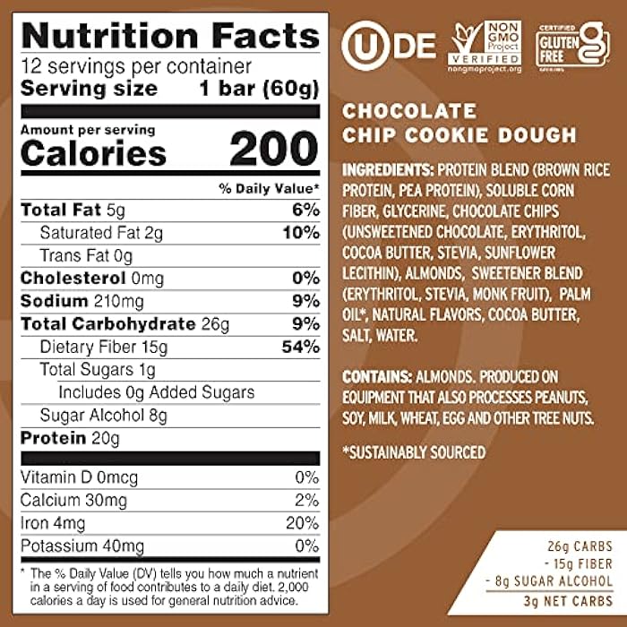 No Cow Protein Bars, Chocolate Chip Cookie Dough, 21g Plant Based Vegan Protein, Keto Friendly, Low Sugar, Low Carb, Low Calorie, Gluten Free, Naturally Sweetened, Dairy Free, Non GMO, Kosher, 1 Count - Image 4