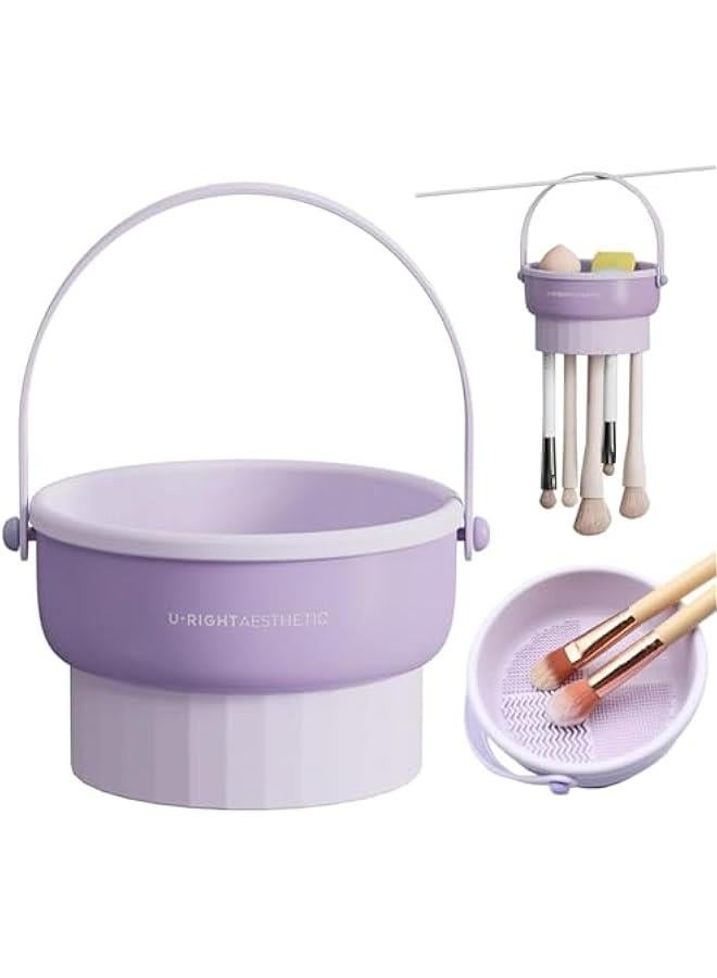 هوكور بساط تنظيف فرش المكياج 3 في 1 من تراسل، وعاء سيليكون لتنظيف فرش المكياج مع حامل تجفيف للفرشاة، منظم ادوات التنظيف للتخزين والتجفيف بالهواء (ارجواني) - Image 1