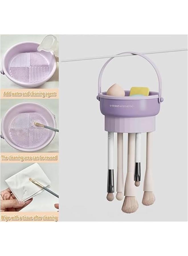 هوكور بساط تنظيف فرش المكياج 3 في 1 من تراسل، وعاء سيليكون لتنظيف فرش المكياج مع حامل تجفيف للفرشاة، منظم ادوات التنظيف للتخزين والتجفيف بالهواء (ارجواني) - Image 2