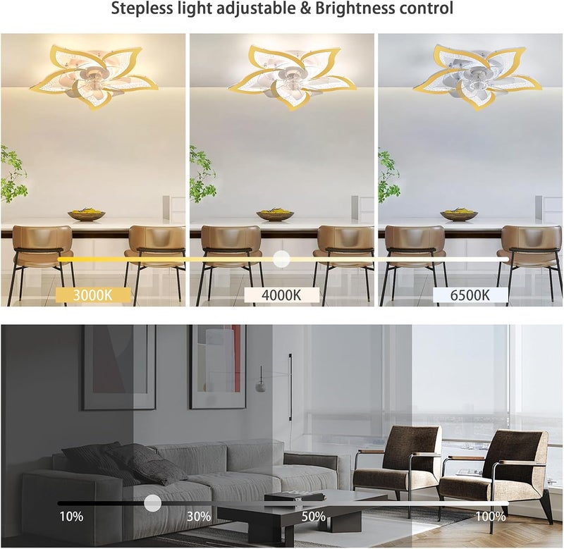 جيادي مروحة سقف من GEADI مع أضواء وتحكم عن بعد، مروحة سقف ذهبية مع إضاءة LED قابلة للتعتيم، 6 سرعات و3 ألوان للضوء، مصباح سقف مثبت للأسطح للمطابخ والغرف وغرف المعيشة، مقاس 62.5 سم - Image 5