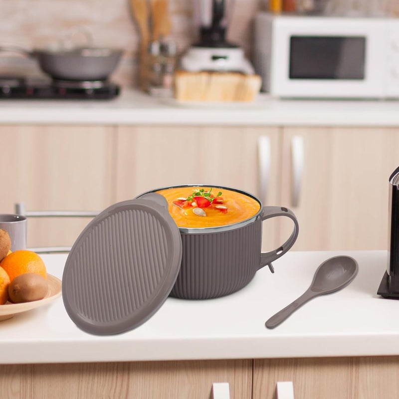 JAYPEE PLUS وعاء حساء ريب توك من الفولاذ المقاوم للصدأ مع غطاء وملعقة لوجبة الإفطار اليومية، بوهة، كورن فليكس، حبوب، مناسب كهدية عيد ميلاد للبنات والأولاد، 900 مل، رمادي مرآة - Image 2