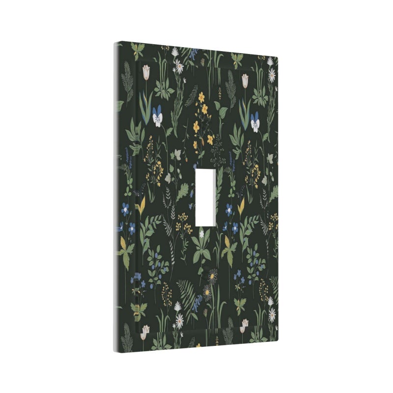Boho Floral Vintage Dark Green Background 1 Gang Light Switch Cover Decorative Single Toggle Wall Plate Electrical Switchplate Home Decor for Living Room Bedroom Decorate