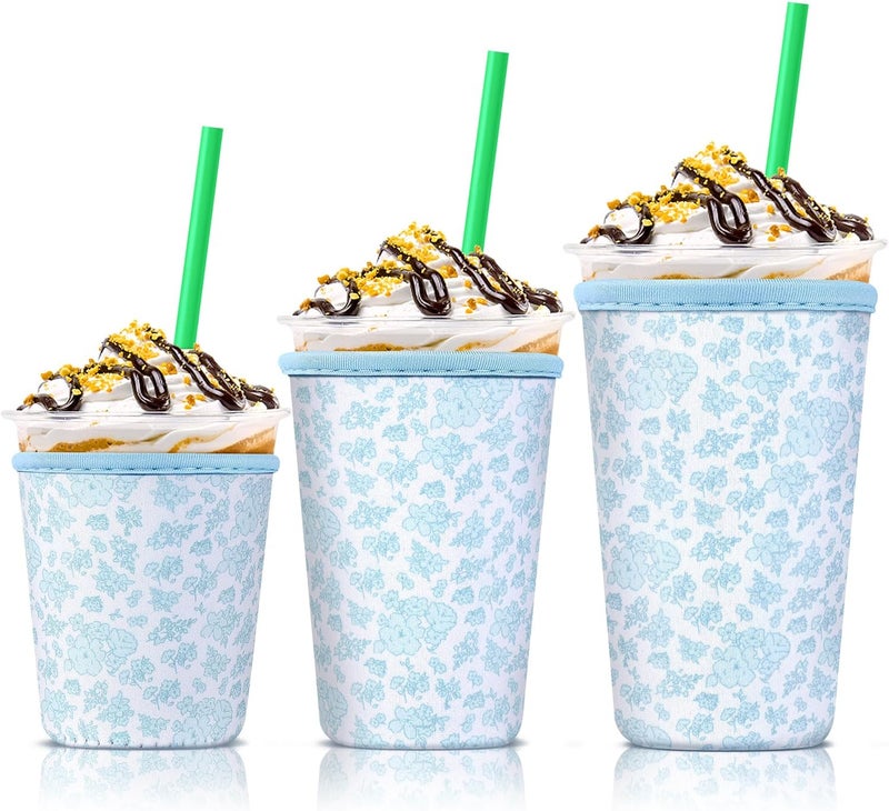 KPX Iced Coffee Cup Sleeve for Large Sized Cups, Reusable Neoprene Iced Coffee Cup Holder for Hot Cold Drinks, Compatible with Starbucks, Dunkin Donuts, and More (Blue Floral Print) - Image 1