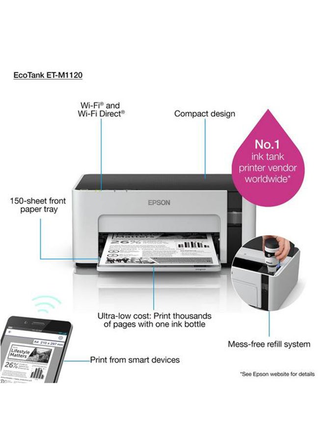 EPSON EcoTank M1120 - Single-Function Compact Printer with Epson's Integrated Ink Tank System, for Cost-Effective, Quality Mono Printing - White - Image 2