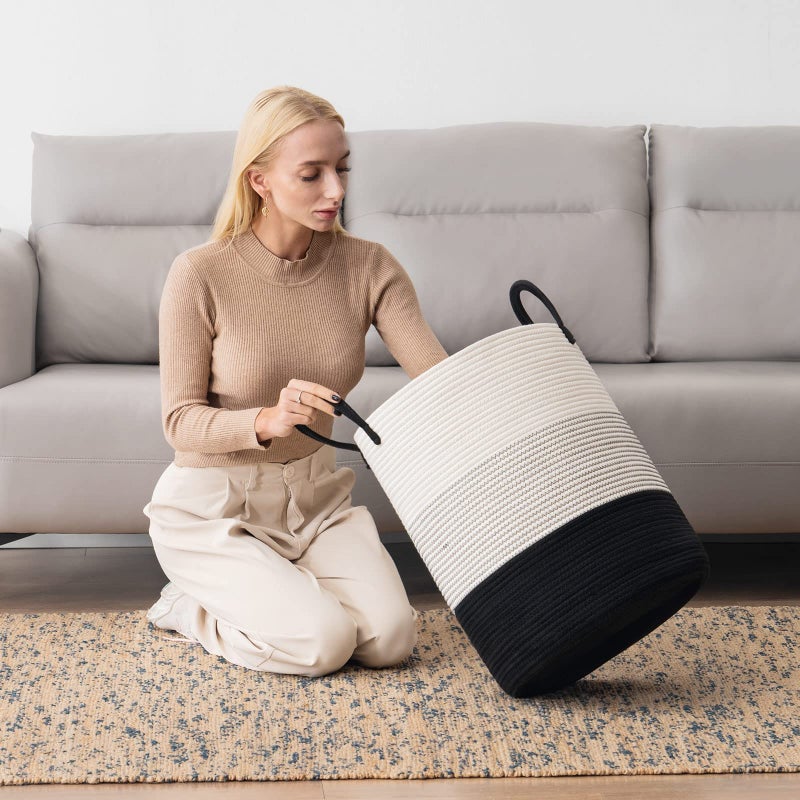 YOUDENOVA Woven Rope Laundry Hamper Basket by YOUDENOVA, Tall Luandry Basket, Baby Nursery Hamper for Blanket Storage, Clothes Hamper for Laundry in Bedroom-Large-(Dark White, 58L) - Image 2