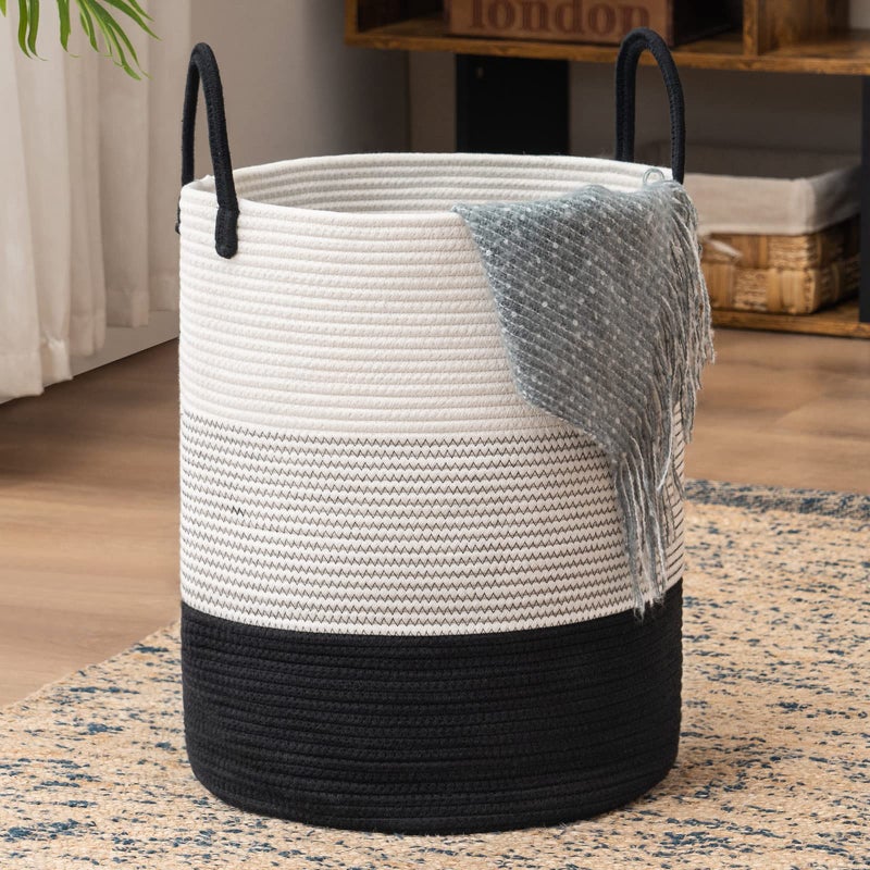 YOUDENOVA Woven Rope Laundry Hamper Basket by YOUDENOVA, Tall Luandry Basket, Baby Nursery Hamper for Blanket Storage, Clothes Hamper for Laundry in Bedroom-Large-(Dark White, 58L) - Image 1