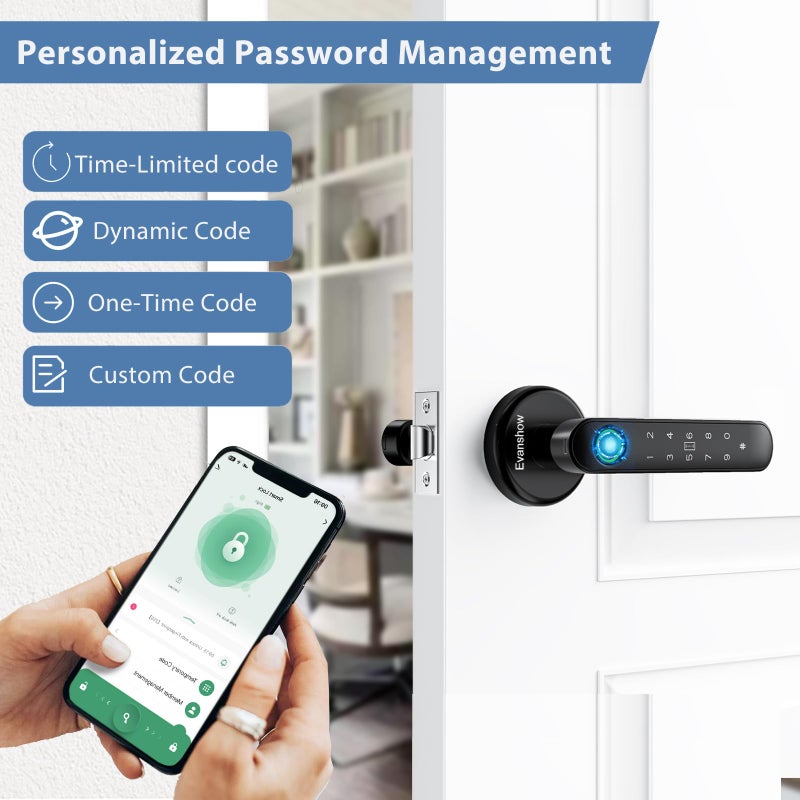 Evanshow Fingerprint Door Lock Biometric Door Knob with Keypad Keyless Entry, 5-in-1 Door Locks for Bedrooms(Fingerprint/App/Code/Key/IC Card), Home Hotel Office Apartment Black - Image 4
