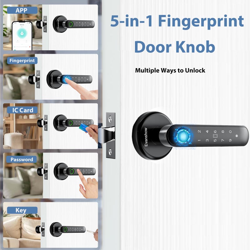 Evanshow Fingerprint Door Lock Biometric Door Knob with Keypad Keyless Entry, 5-in-1 Door Locks for Bedrooms(Fingerprint/App/Code/Key/IC Card), Home Hotel Office Apartment Black - Image 2