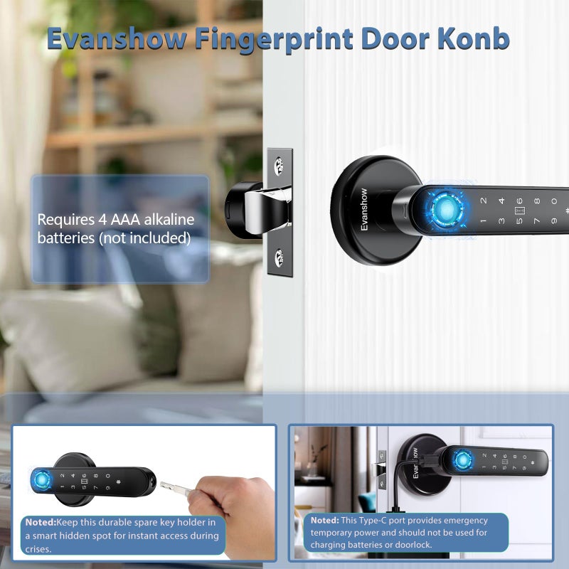 Evanshow Fingerprint Door Lock Biometric Door Knob with Keypad Keyless Entry, 5-in-1 Door Locks for Bedrooms(Fingerprint/App/Code/Key/IC Card), Home Hotel Office Apartment Black - Image 5