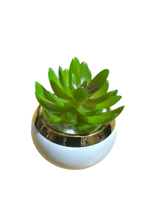"An elegant, circular decorative vase made of white ceramic with a shiny gold finish on top. It features a green faux succulent plant surrounded by white pebbles, adding a touch of sophistication and tranquility to any office or corner of the home. "