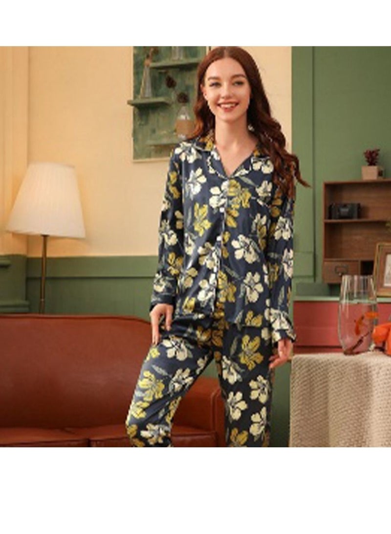 Sharpdo صيف جديد الحرير الجليد الأزهار طويلة الأكمام بنطلون كبير الحجم فضفاض خدمة المنزل المرأة منامة البدلة - Image 2