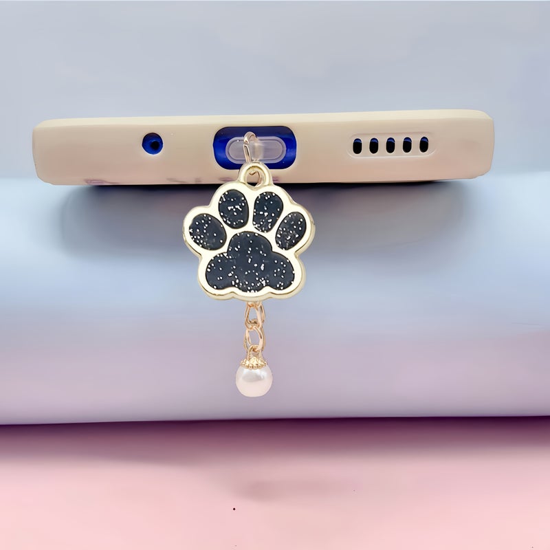 Cat Paw Pearl Dust Plug For iPhone 5-14 Type-C Black Decorative Waterproof - Image 2