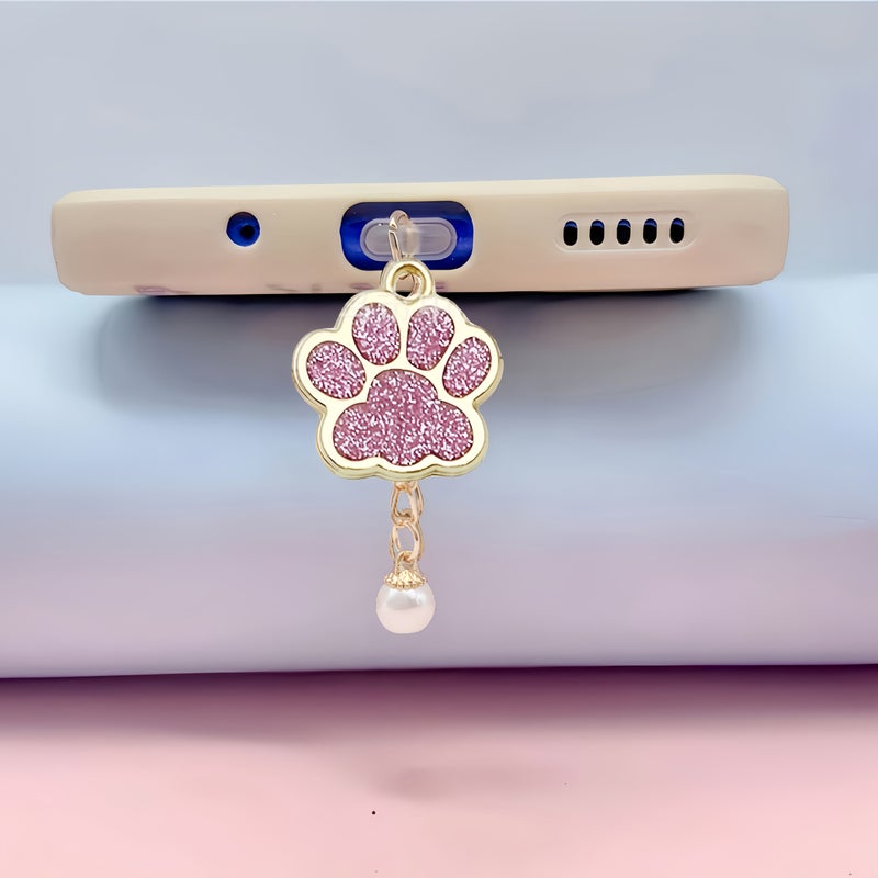 Cat Paw Pearl Dust Plug For iPhone 5-14 Type-C Black Decorative Waterproof - Image 1