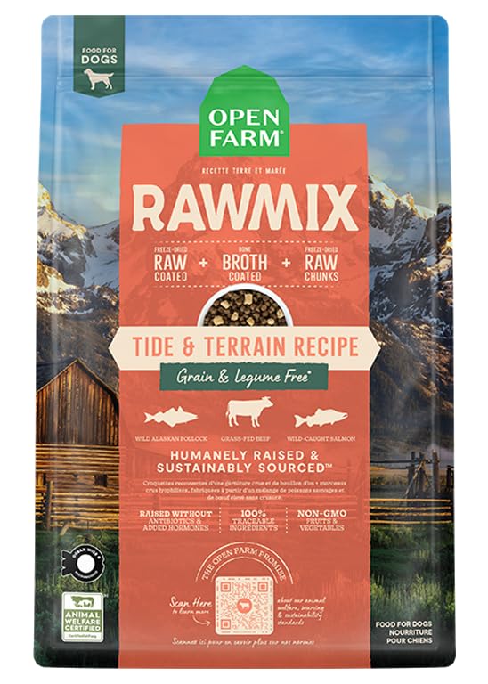 Open Farm, RawMix Grain-Free Dry Dog Food, Protein-Packed Kibble Coated in Bone Broth with Freeze Dried Raw Chunks, Pollock Beef & Salmon, Tide & Terrain Recipe, 3.5lb Bag - Image 1