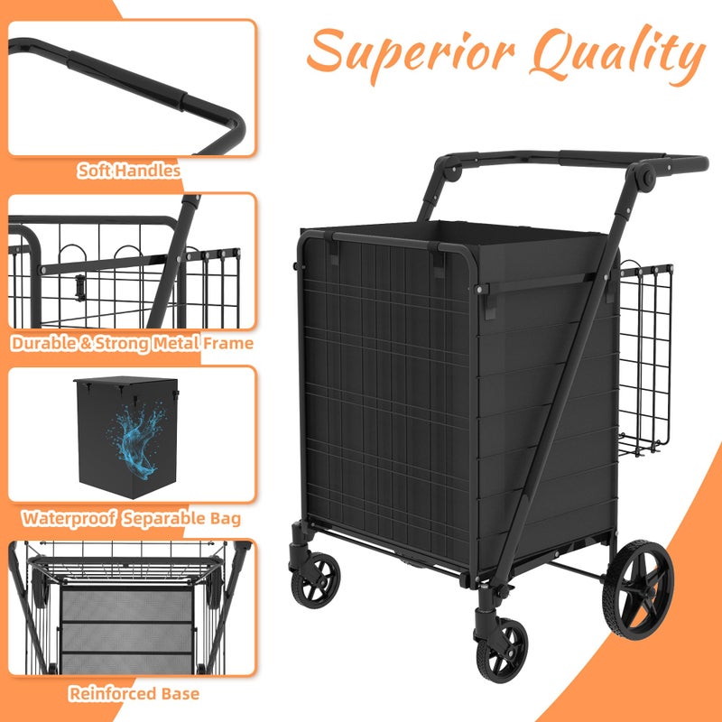 JIALIJIU 440 LBS Shopping Cart with Adjustable Handle, Waterproof Bag, 10-min Assembly Heavy-Duty Foldable Grocery Cart with 360Â° Swivel Wheels for Apartments, Laundry, Camping, Black - Image 5