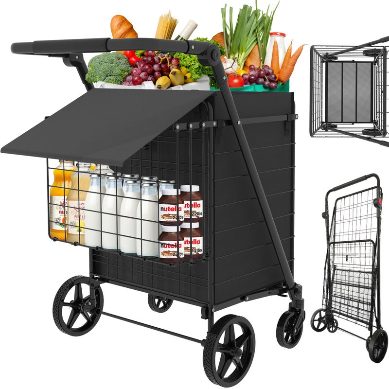 JIALIJIU 440 LBS Shopping Cart with Adjustable Handle, Waterproof Bag, 10-min Assembly Heavy-Duty Foldable Grocery Cart with 360Â° Swivel Wheels for Apartments, Laundry, Camping, Black - Image 1