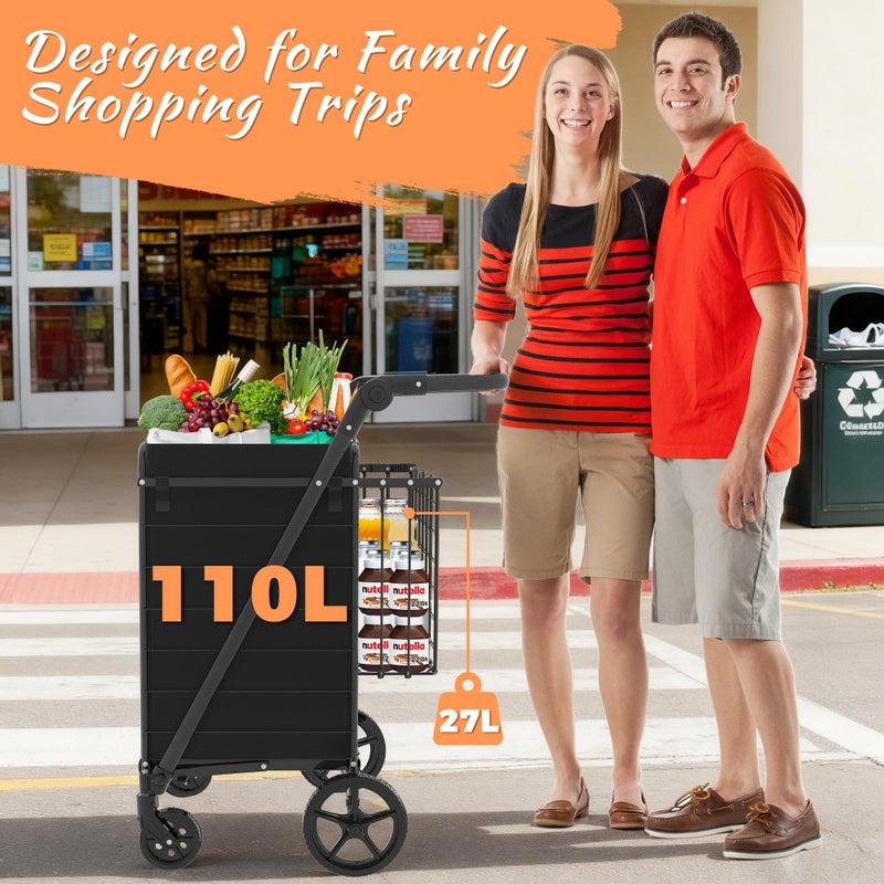 JIALIJIU 440 LBS Shopping Cart with Adjustable Handle, Waterproof Bag, 10-min Assembly Heavy-Duty Foldable Grocery Cart with 360Â° Swivel Wheels for Apartments, Laundry, Camping, Black - Image 4