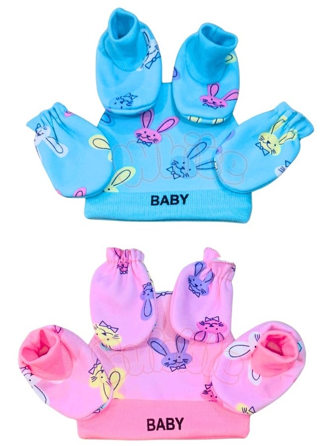 White Bubble Baby Wool Lined Cap Mitten & Booties Set | Winter Infant Hat Gloves Socks Combo | Anti-Scratch | 0-12 Months (Blue & Pink) - Image 1