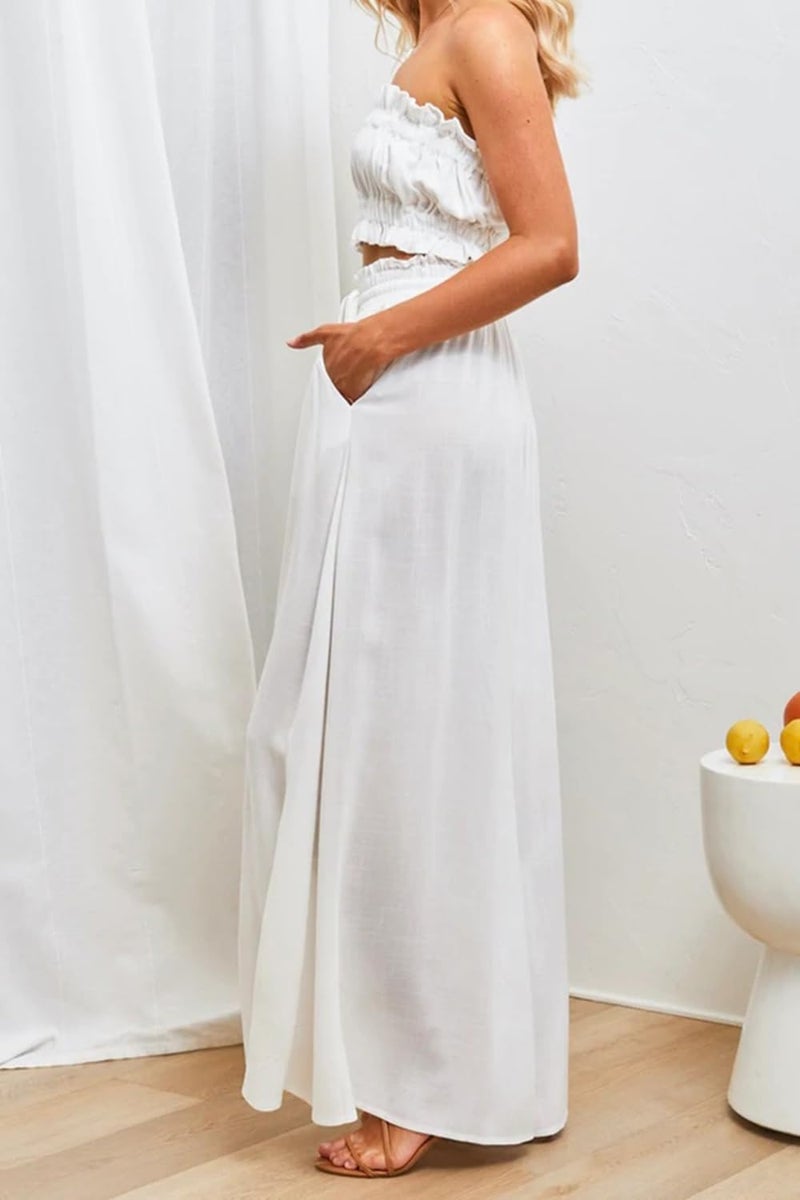 YOCUR Summer Women High Waisted Wide Leg Bell Bottom Pants Beach Vacation Trousers Printed Loose Flowy Lounge Palazzo Pants White XXL - Image 4