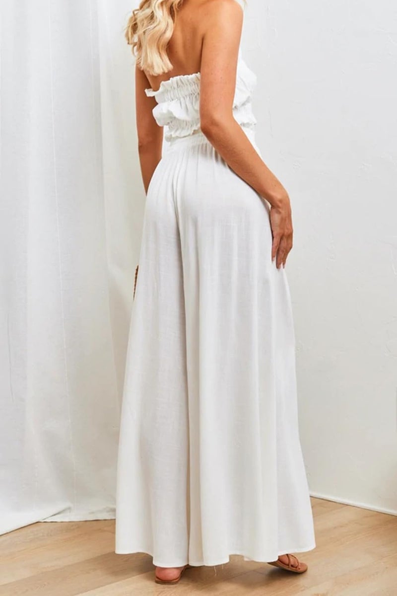 YOCUR Summer Women High Waisted Wide Leg Bell Bottom Pants Beach Vacation Trousers Printed Loose Flowy Lounge Palazzo Pants White XXL - Image 2