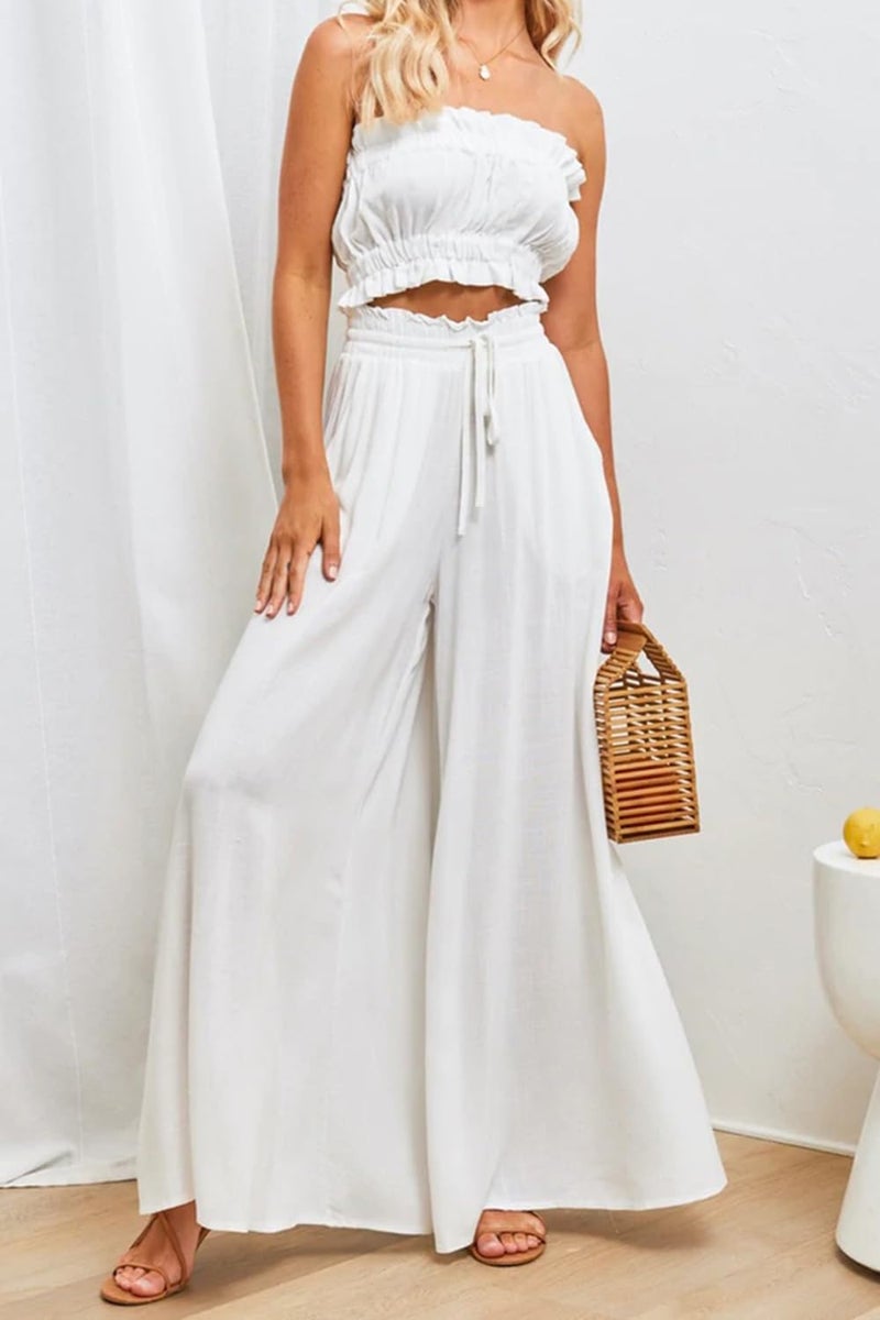 YOCUR Summer Women High Waisted Wide Leg Bell Bottom Pants Beach Vacation Trousers Printed Loose Flowy Lounge Palazzo Pants White XXL - Image 5