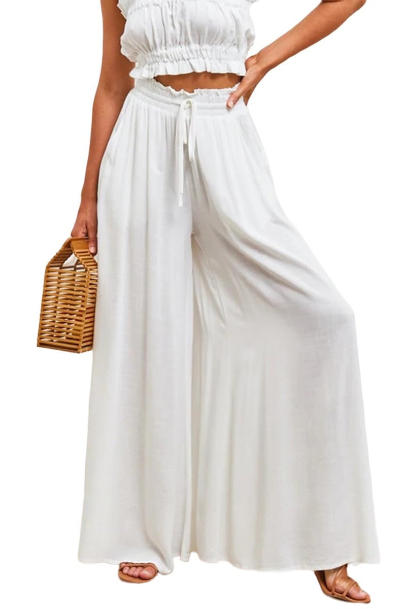 YOCUR Summer Women High Waisted Wide Leg Bell Bottom Pants Beach Vacation Trousers Printed Loose Flowy Lounge Palazzo Pants White XXL - Image 1